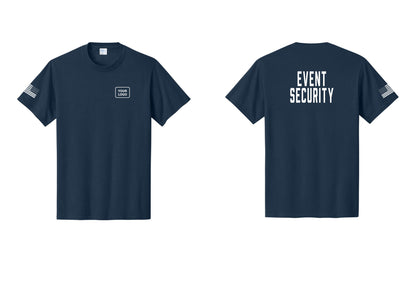 NYC Factory Custom Logo Event Security T-Shirt for Venues & Crowd Management (Classic) - Your Logo + Back + US Flag Sleeve - Navy