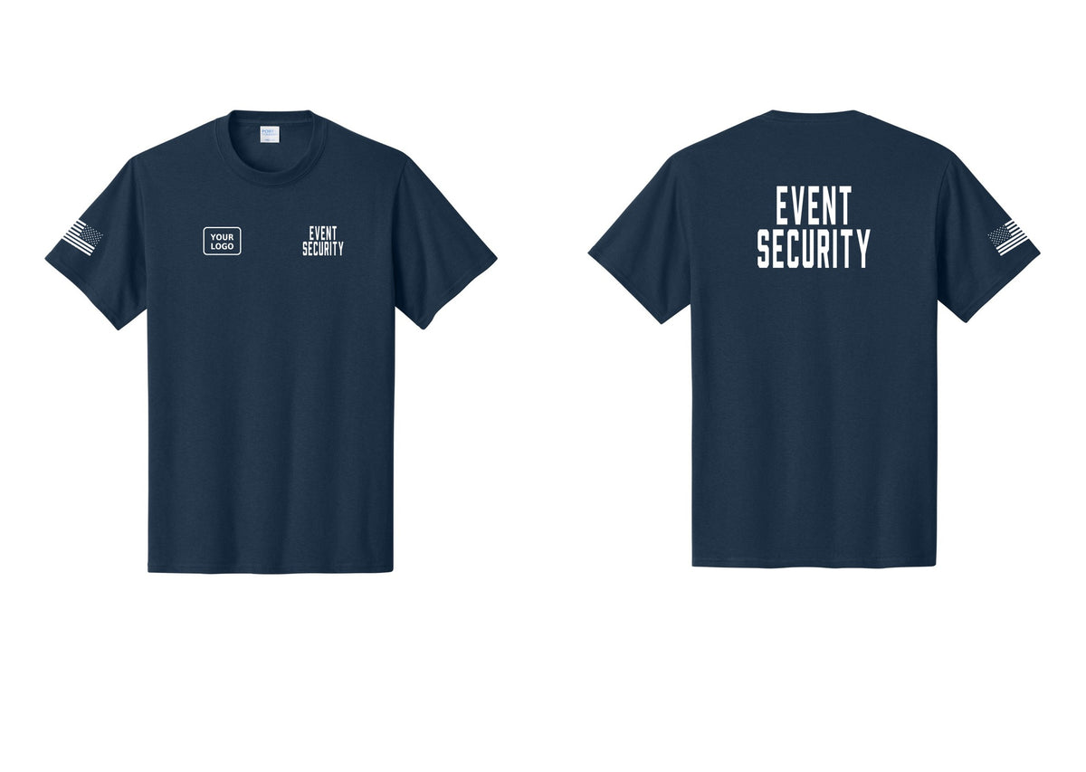 NYC Factory Custom Logo Event Security T-Shirt for Venues & Crowd Management (Classic) - EVENT SECURITY + Your Logo + Back + US Flag Sleeve - Navy
