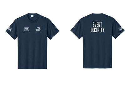 NYC Factory Custom Logo Event Security T-Shirt for Venues & Crowd Management (Classic) - EVENT SECURITY + Your Logo + Back + US Flag Sleeve - Navy