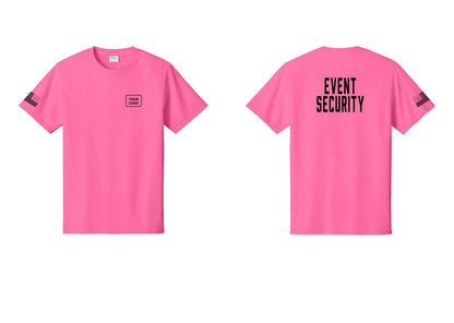 NYC Factory Custom Logo Event Security T-Shirt for Venues & Crowd Management (Classic) - Your Logo + Back + US Flag Sleeve - Neon Pink