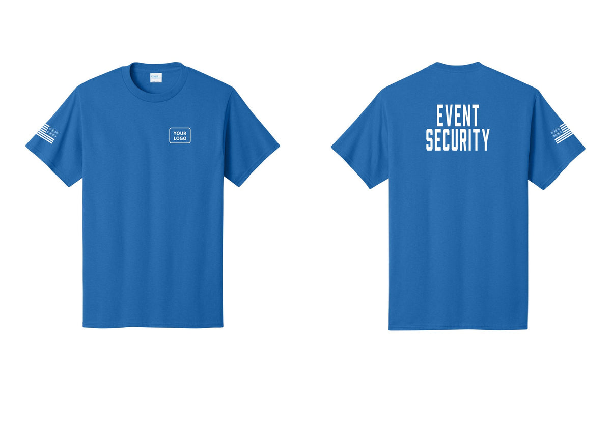NYC Factory Custom Logo Event Security T-Shirt for Venues & Crowd Management (Classic) - Your Logo + Back + US Flag Sleeve - Royal
