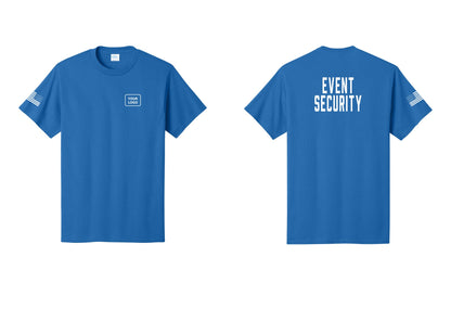 NYC Factory Custom Logo Event Security T-Shirt for Venues & Crowd Management (Classic) - Your Logo + Back + US Flag Sleeve - Royal