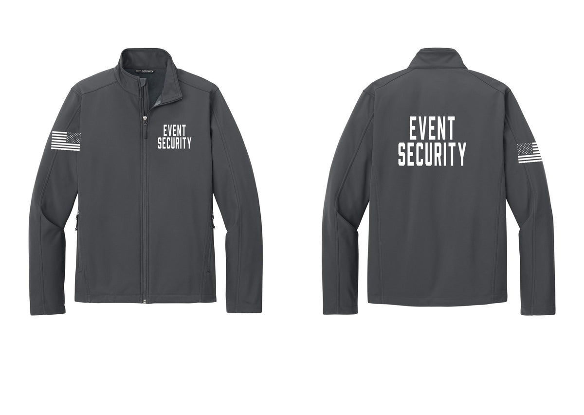NYC Factory Event Security Soft Shell Jacket (Classic) - Chest + Back + US Flag Sleeve - Battleship Grey