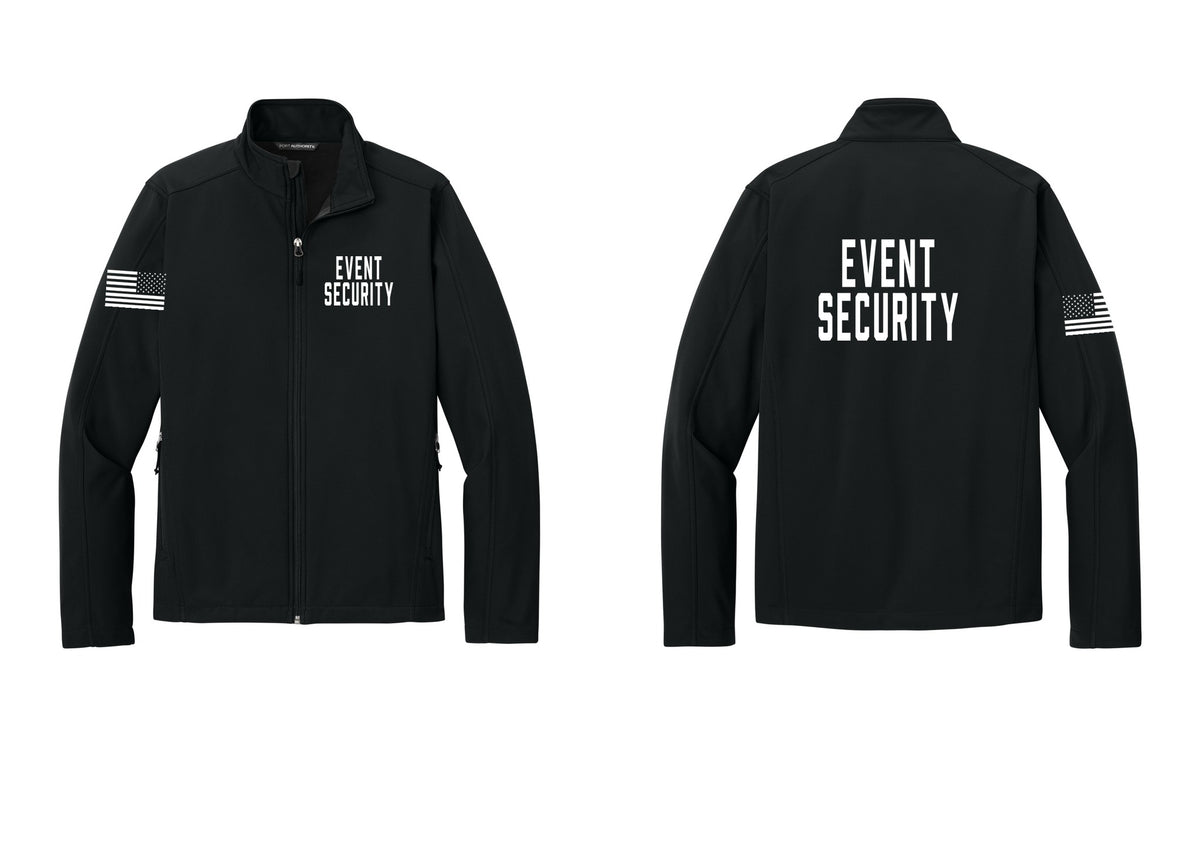 NYC Factory Event Security Soft Shell Jacket (Classic) - Chest + Back + US Flag Sleeve - Black