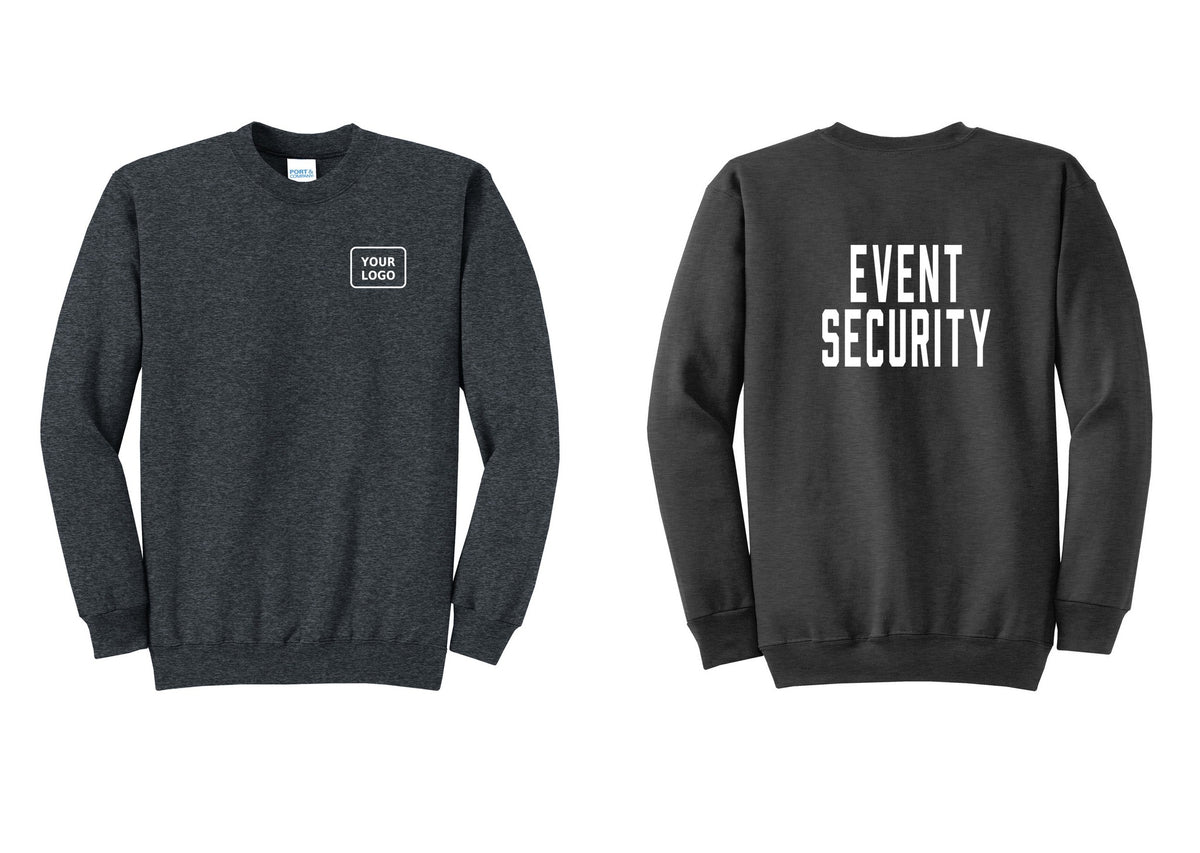 NYC Factory Custom Logo Event Security Cotton Fleece Crewneck Sweatshirt (Classic) - Your Logo + Back - Dark Heather Grey