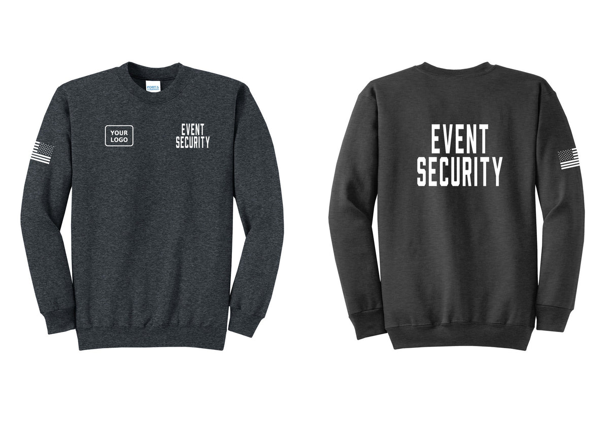 NYC Factory Custom Logo Event Security Cotton Fleece Crewneck Sweatshirt (Classic) - EVENT SECURITY + Your Logo + Back + US Flag Sleeve - Dark Heather Grey
