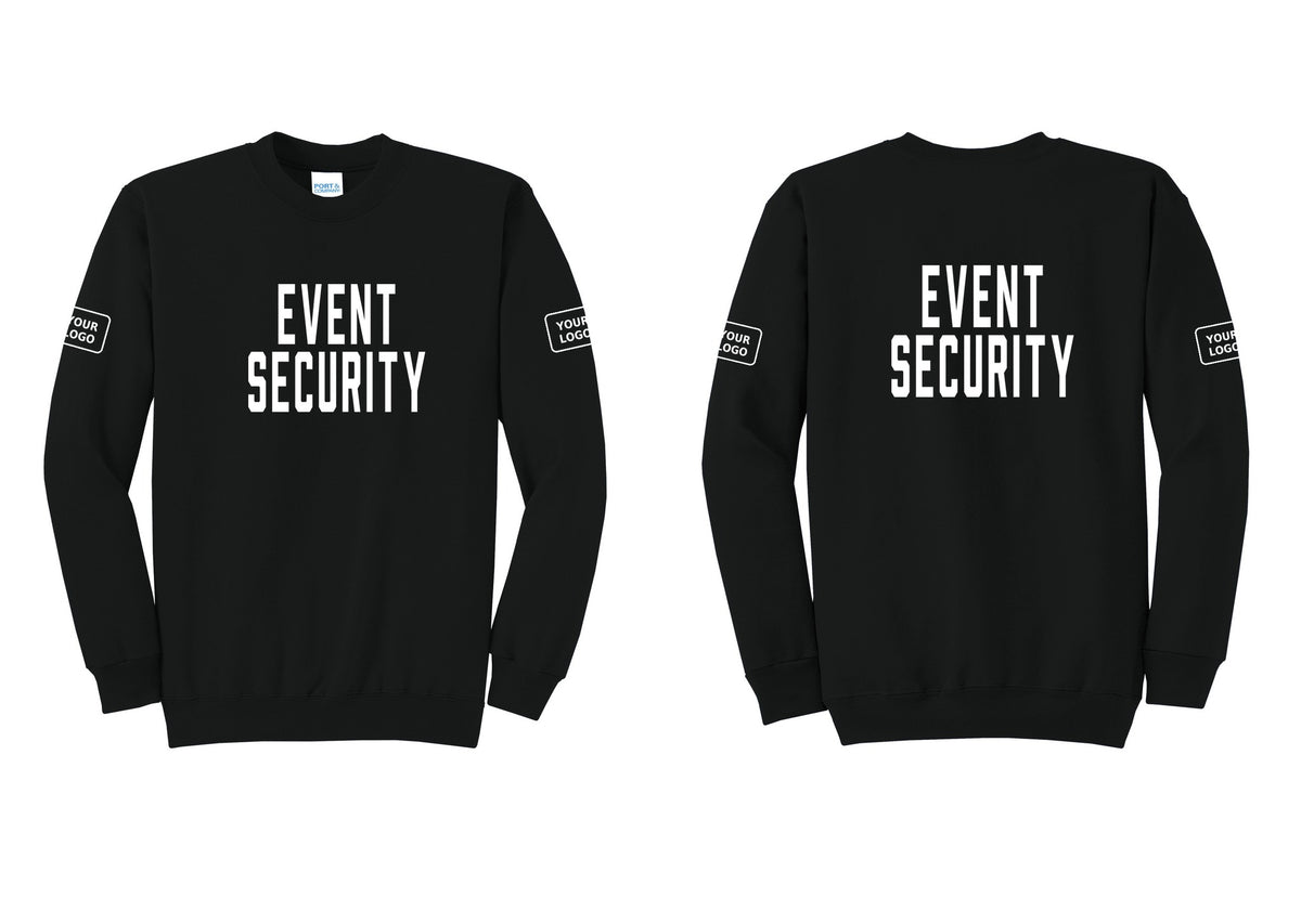 NYC Factory Custom Logo Event Security Cotton Fleece Crewneck Sweatshirt (Classic) - Front + Back + Your Logo Sleeves - Black