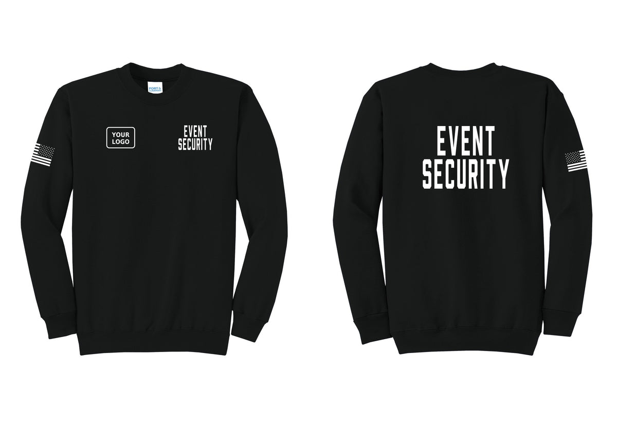 NYC Factory Custom Logo Event Security Cotton Fleece Crewneck Sweatshirt (Classic) - EVENT SECURITY + Your Logo + Back + US Flag Sleeve - Black