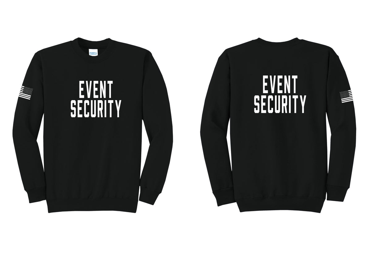 NYC Factory Event Security Cotton Fleece Crewneck Sweatshirt (Classic) - Front + Back + US Flag Sleeve - Black