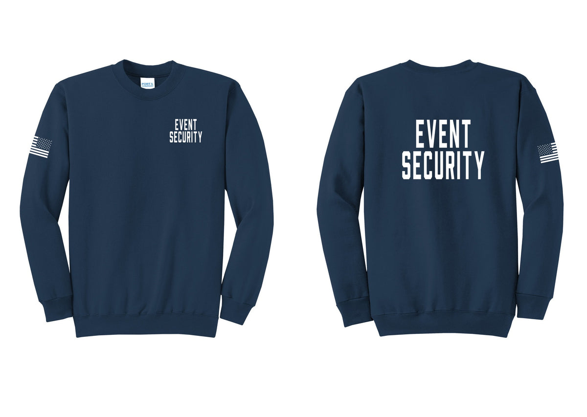 NYC Factory Event Security Cotton Fleece Crewneck Sweatshirt (Classic) - Chest + Back + US Flag Sleeve - Navy