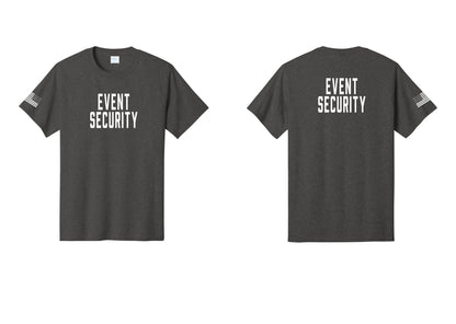 NYC Factory Event Security T-Shirt for Venues & Crowd Management (Classic) - Front + Back + US Flag Sleeve - Dark Heather Grey