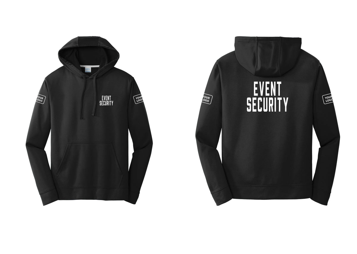 NYC Factory Custom Logo Event Security Performance Hooded Fleece Pullover Sweatshirt (Classic) - Chest + Back + Your Logo Sleeves - Black