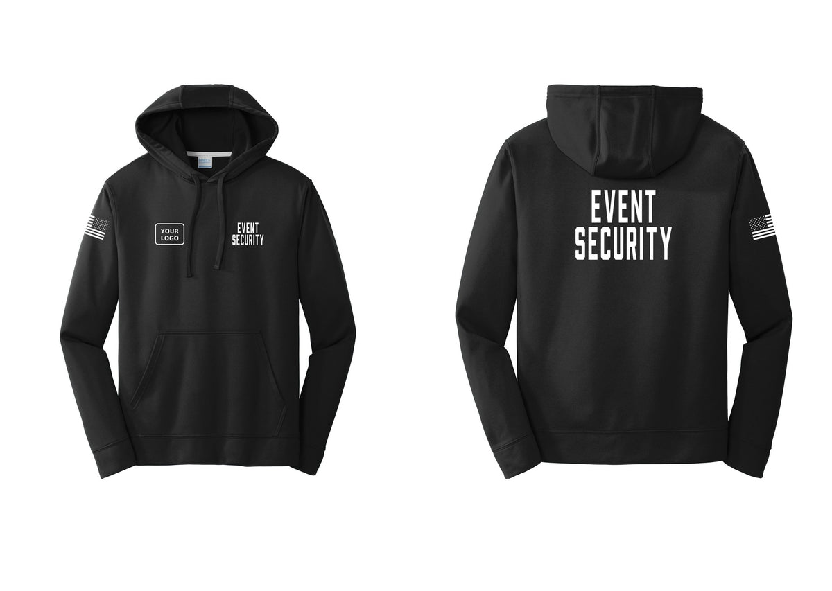 NYC Factory Custom Logo Event Security Performance Hooded Fleece Pullover Sweatshirt (Classic) - EVENT SECURITY + Your Logo + Back + US Flag Sleeve - Black