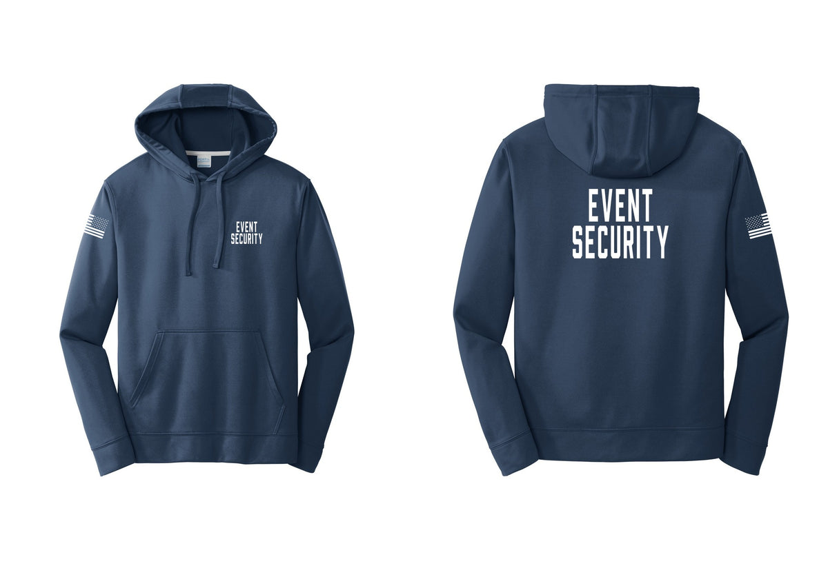 NYC Factory Event Security Performance Hooded Fleece Pullover Sweatshirt (Classic) - Chest + Back + US Flag Sleeve - Navy