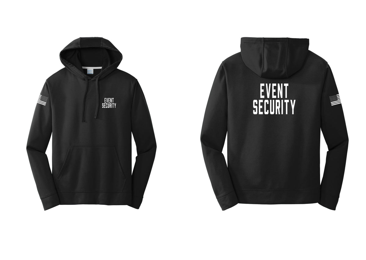 NYC Factory Event Security Performance Hooded Fleece Pullover Sweatshirt (Classic) - Chest + Back + US Flag Sleeve - Black