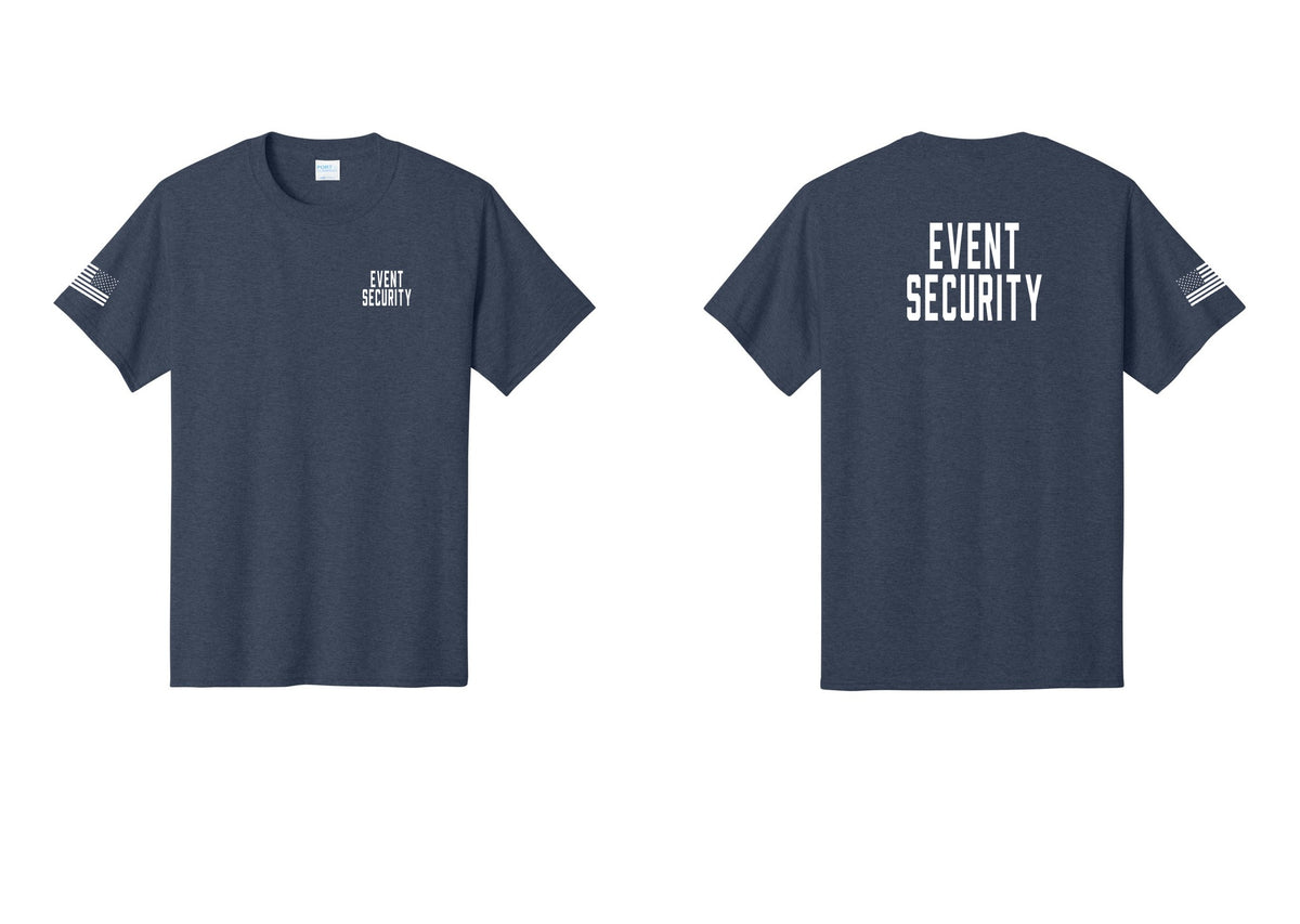 NYC Factory Event Security T-Shirt for Venues & Crowd Management (Classic) - Chest + Back + US Flag Sleeve - Heather Navy