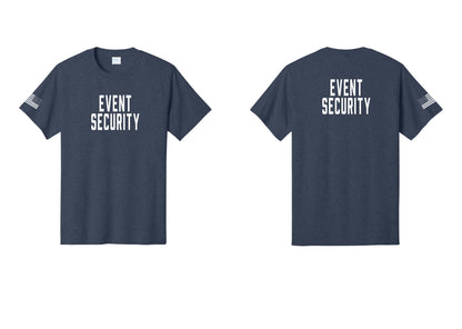 NYC Factory Event Security T-Shirt for Venues & Crowd Management (Classic) - Front + Back + US Flag Sleeve - Heather Navy