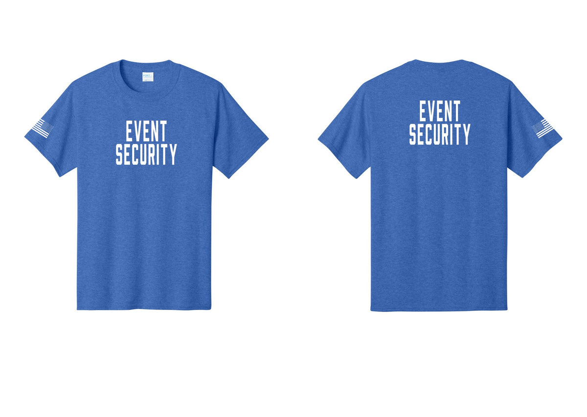 NYC Factory Event Security T-Shirt for Venues & Crowd Management (Classic) - Front + Back + US Flag Sleeve - Heather Royal