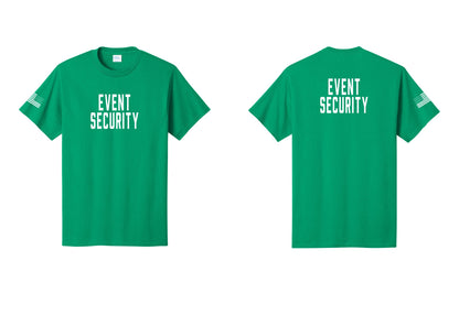 NYC Factory Event Security T-Shirt for Venues & Crowd Management (Classic) - Front + Back + US Flag Sleeve - Kelly