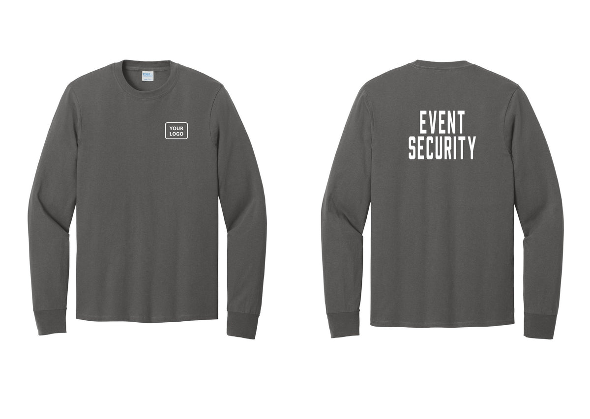 NYC Factory Custom Logo Event Security Cotton Long Sleeve T-Shirt (Classic) - Your Logo + Back - Charcoal