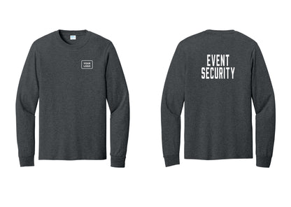 NYC Factory Custom Logo Event Security Cotton Long Sleeve T-Shirt (Classic) - Your Logo + Back - Dark Heather Grey