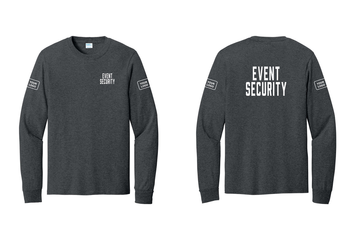 NYC Factory Custom Logo Event Security Cotton Long Sleeve T-Shirt (Classic) - Chest + Back + Your Logo Sleeves - Dark Heather Grey