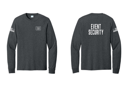 NYC Factory Custom Logo Event Security Cotton Long Sleeve T-Shirt (Classic) - Your Logo + Back + US Flag Sleeve - Dark Heather Grey