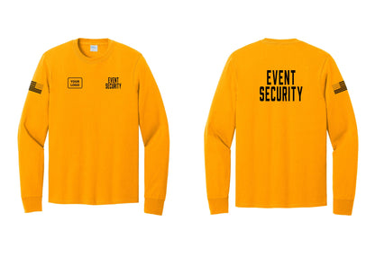 NYC Factory Custom Logo Event Security Cotton Long Sleeve T-Shirt (Classic) - EVENT SECURITY + Your Logo + Back + US Flag Sleeve - Gold