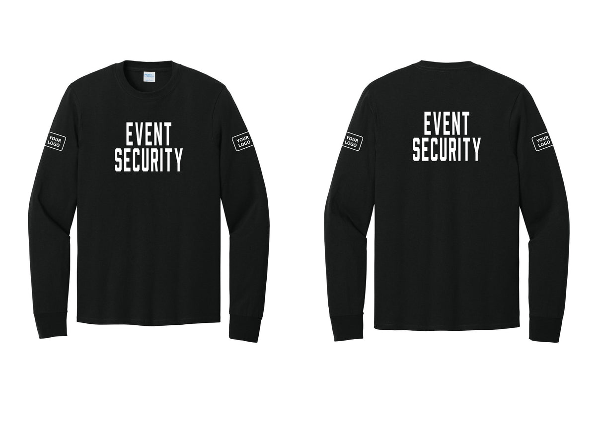 NYC Factory Custom Logo Event Security Cotton Long Sleeve T-Shirt (Classic) - Front + Back + Your Logo Sleeves - Black