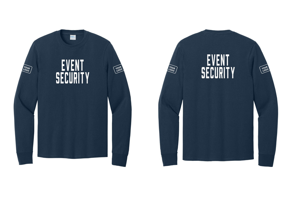 NYC Factory Custom Logo Event Security Cotton Long Sleeve T-Shirt (Classic) - Front + Back + Your Logo Sleeves - Navy