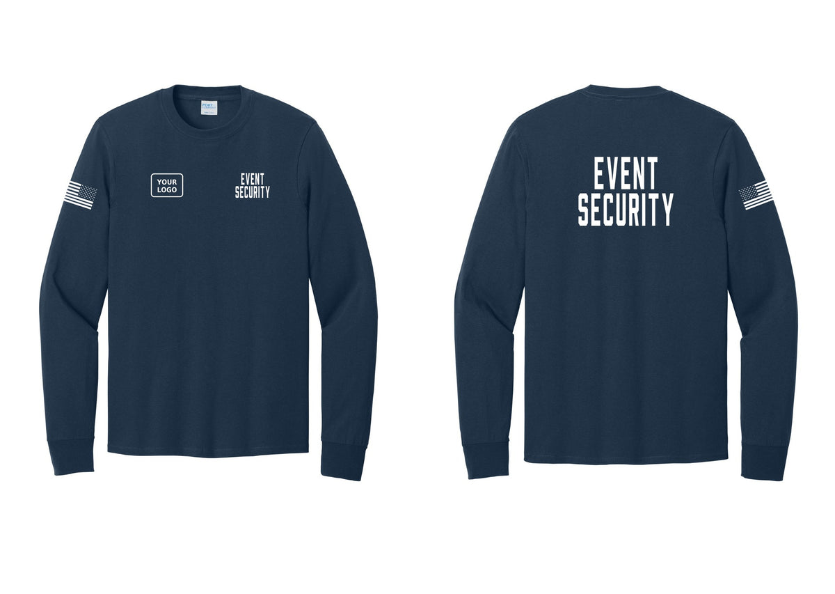 NYC Factory Custom Logo Event Security Cotton Long Sleeve T-Shirt (Classic) - EVENT SECURITY + Your Logo + Back + US Flag Sleeve - Navy