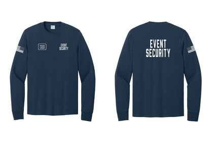 NYC Factory Custom Logo Event Security Cotton Long Sleeve T-Shirt (Classic) - EVENT SECURITY + Your Logo + Back + US Flag Sleeve - Navy