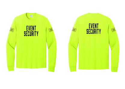NYC Factory Custom Logo Event Security Cotton Long Sleeve T-Shirt (Classic) - Front + Back + Your Logo Sleeves - Safety Green