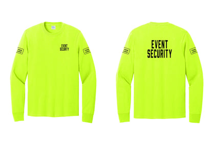 NYC Factory Custom Logo Event Security Cotton Long Sleeve T-Shirt (Classic) - Chest + Back + Your Logo Sleeves - Safety Green
