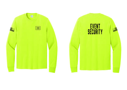 NYC Factory Custom Logo Event Security Cotton Long Sleeve T-Shirt (Classic) - Your Logo + Back + US Flag Sleeve - Safety Green