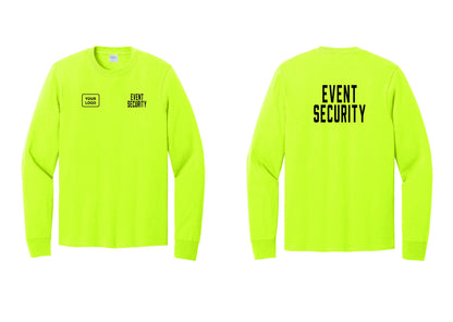NYC Factory Custom Logo Event Security Cotton Long Sleeve T-Shirt (Classic) - EVENT SECURITY + Your Logo + Back - Safety Green