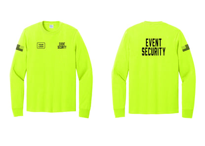 NYC Factory Custom Logo Event Security Cotton Long Sleeve T-Shirt (Classic) - EVENT SECURITY + Your Logo + Back + US Flag Sleeve - Safety Green