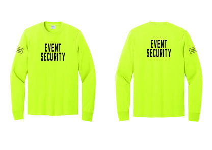 NYC Factory Custom Logo Event Security Cotton Long Sleeve T-Shirt (Classic) - Front + Back + Your Logo Sleeve - Safety Green