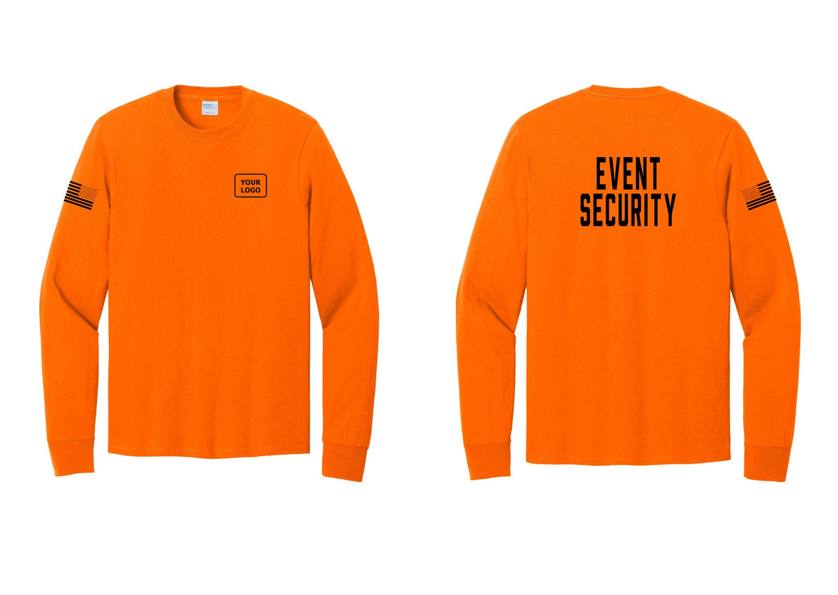 NYC Factory Custom Logo Event Security Cotton Long Sleeve T-Shirt (Classic) - Your Logo + Back + US Flag Sleeve - Safety Orange
