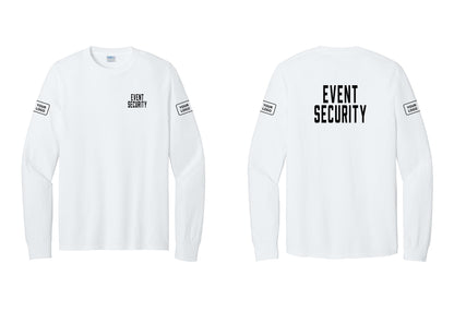 NYC Factory Custom Logo Event Security Cotton Long Sleeve T-Shirt (Classic) - Chest + Back + Your Logo Sleeves - White