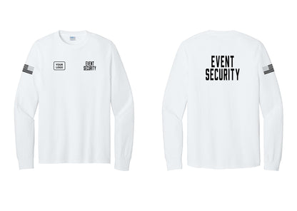 NYC Factory Custom Logo Event Security Cotton Long Sleeve T-Shirt (Classic) - EVENT SECURITY + Your Logo + Back + US Flag Sleeve - White