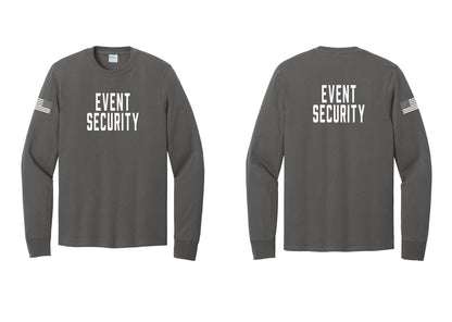 NYC Factory Event Security Cotton Long Sleeve T-Shirt (Classic) - Front + Back + US Flag Sleeve - Charcoal