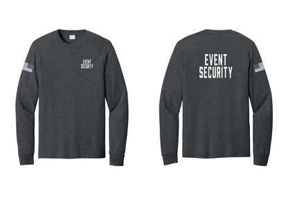 NYC Factory Event Security Cotton Long Sleeve T-Shirt (Classic) - Chest + Back + US Flag Sleeve - Dark Heather Grey