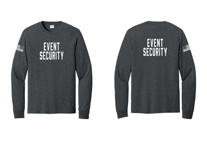 NYC Factory Event Security Cotton Long Sleeve T-Shirt (Classic) - Front + Back + US Flag Sleeve - Dark Heather Grey