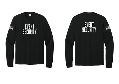 NYC Factory Event Security Cotton Long Sleeve T-Shirt (Classic) - Front + Back + US Flag Sleeve - Black