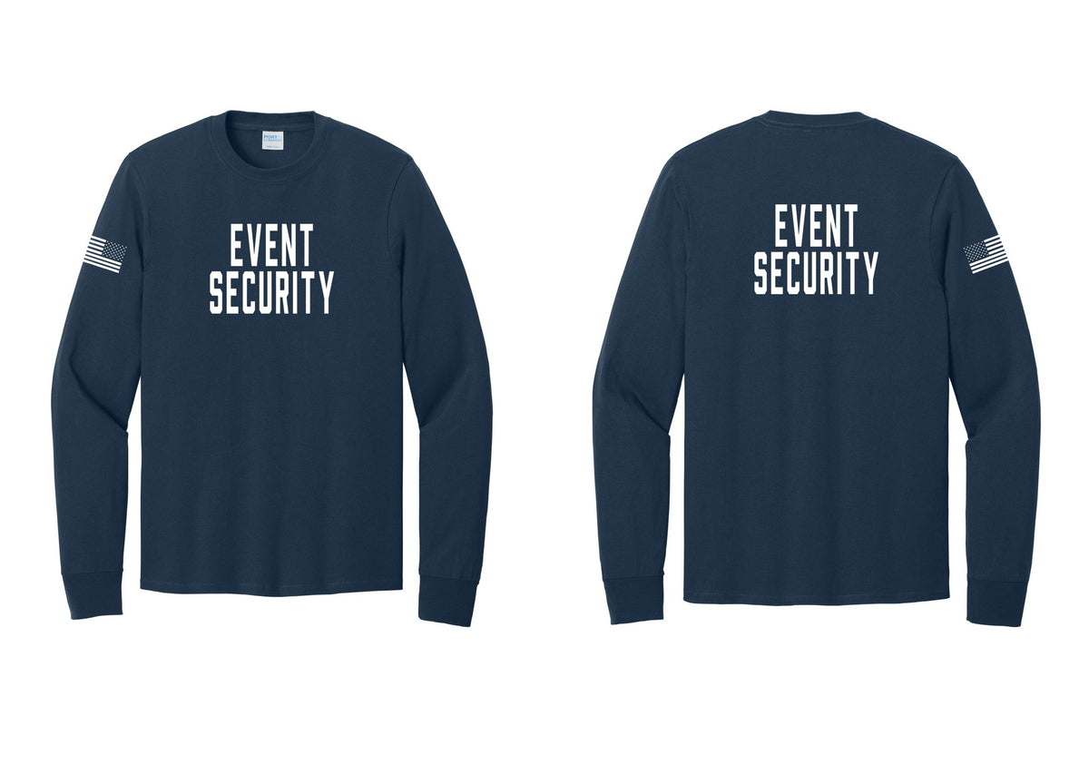 NYC Factory Event Security Cotton Long Sleeve T-Shirt (Classic) - Front + Back + US Flag Sleeve - Navy