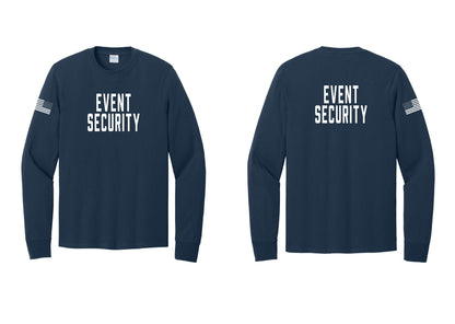 NYC Factory Event Security Cotton Long Sleeve T-Shirt (Classic) - Front + Back + US Flag Sleeve - Navy