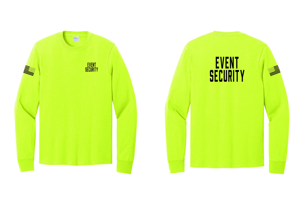NYC Factory Event Security Cotton Long Sleeve T-Shirt (Classic) - Chest + Back + US Flag Sleeve - Safety Green