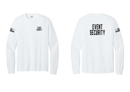 NYC Factory Event Security Cotton Long Sleeve T-Shirt (Classic) - Chest + Back + US Flag Sleeve - White