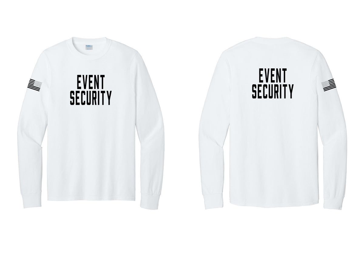 NYC Factory Event Security Cotton Long Sleeve T-Shirt (Classic) - Front + Back + US Flag Sleeve - White